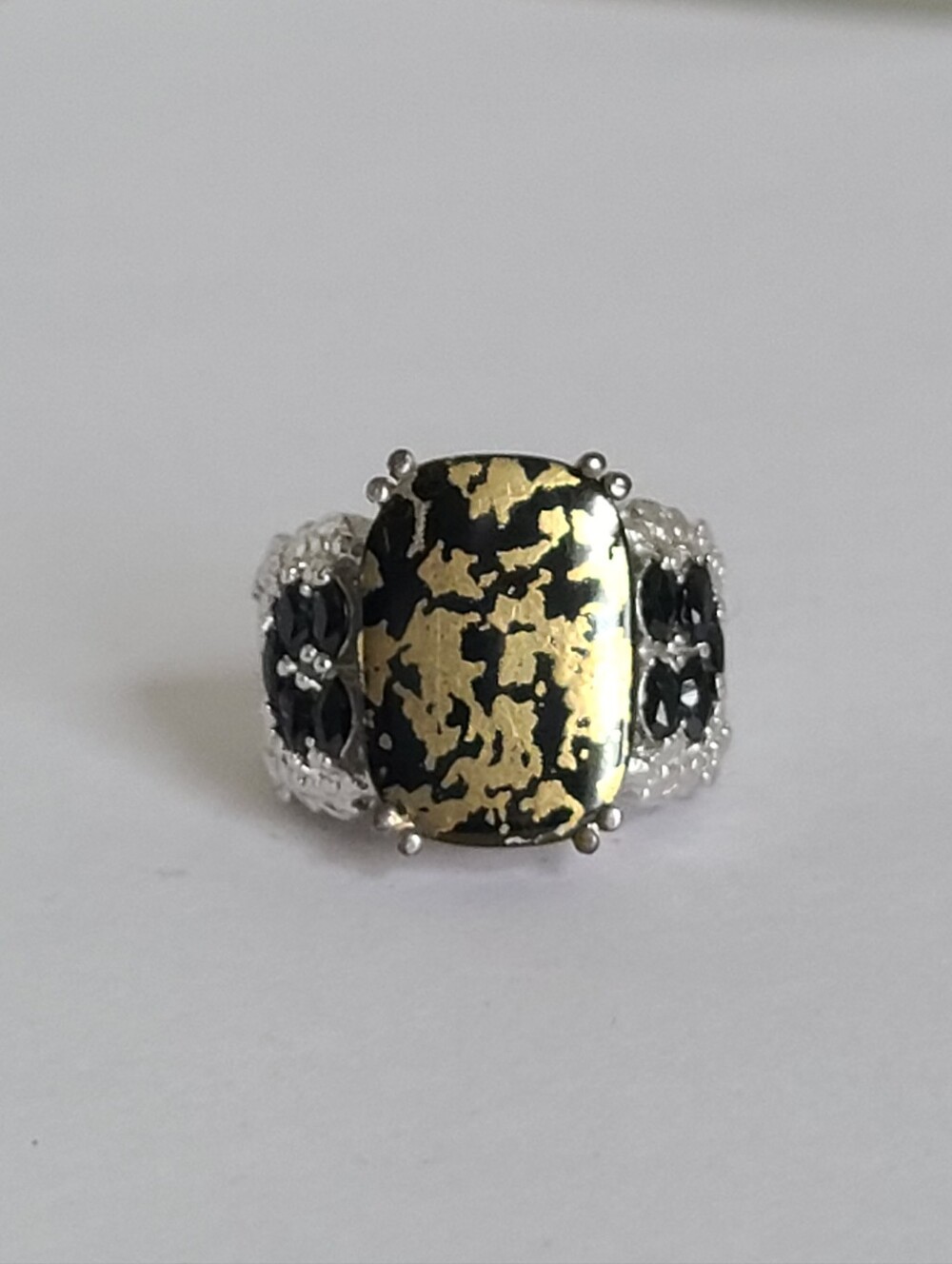 Vintage Boho Sterling Silver 925 Black Goldenite Jade Cocktail Statement Ring